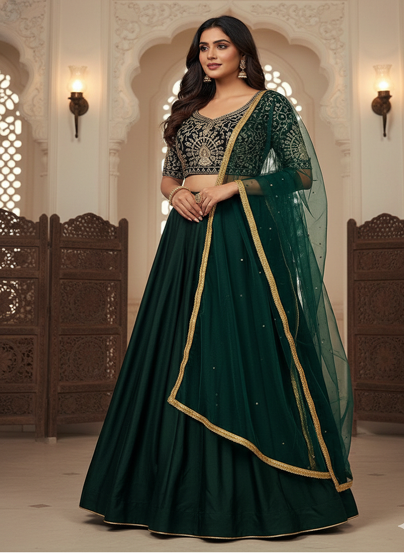 Green Satin Lehenga set with Choli and dupatta 