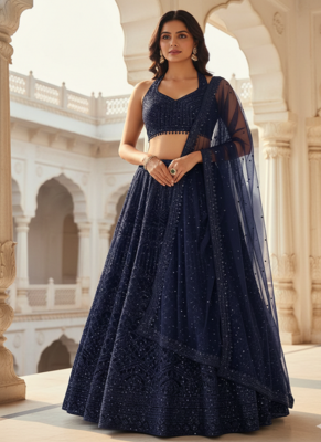 Navy Blue  Net Sequins & Dori Lehenga set with Choli and dupatta 1