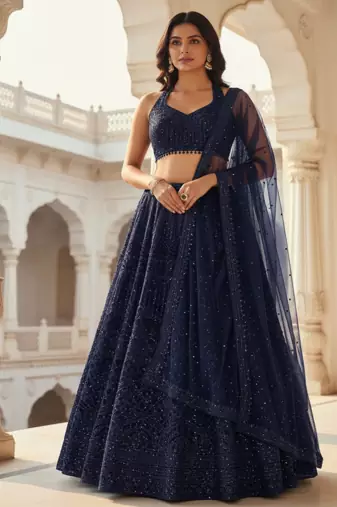 Navy Blue  Net Sequins & Dori Lehenga set with Choli and dupatta