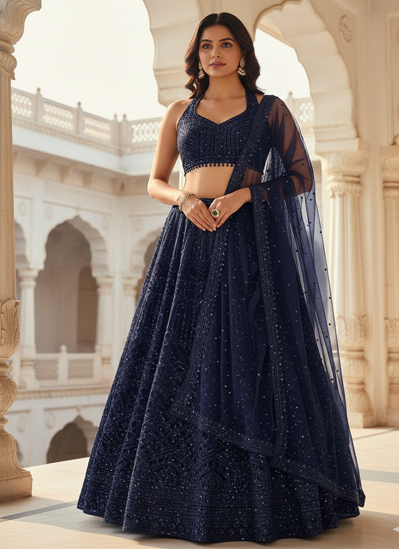 Navy Blue  Net Sequins & Dori Lehenga set with Choli and dupatta