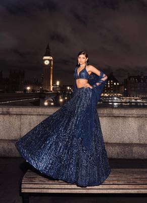 Navy Blue  Net Sequins & Dori Lehenga set with Choli and dupatta 2
