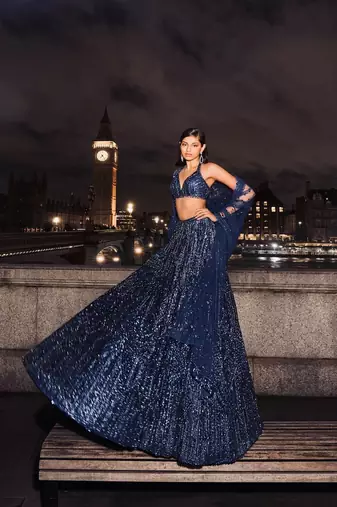 Navy Blue  Net Sequins & Dori Lehenga set with Choli and dupatta