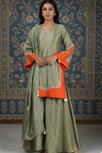 Olive green vichitra silk kurta set with contrast orange panels