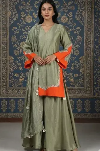 Olive green vichitra silk kurta set with contrast orange panels