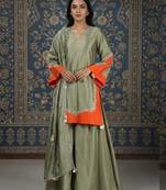 Olive green vichitra silk kurta set with contrast orange panels
