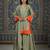 Olive green vichitra silk kurta set with contrast orange panels