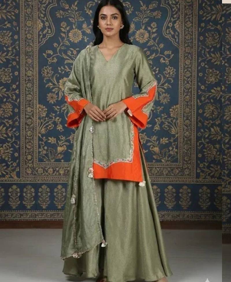Olive green vichitra silk kurta set with contrast orange panels