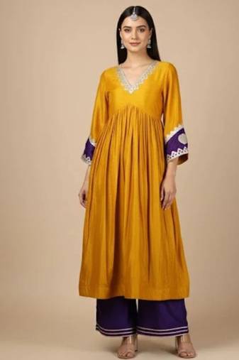 Mustard yellow purple vichitra silk set