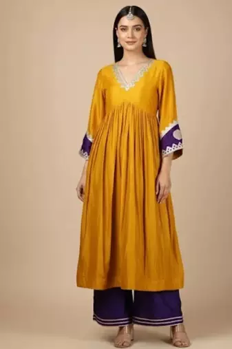 Mustard yellow purple vichitra silk set