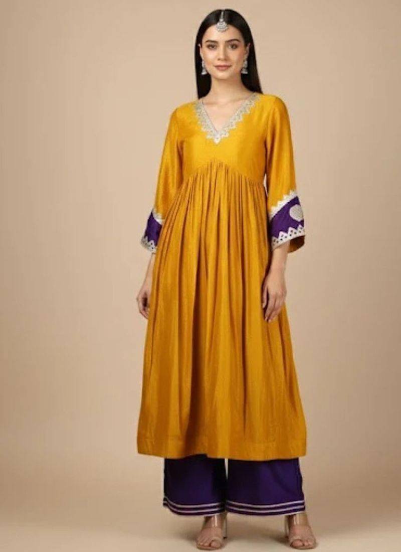 Mustard yellow purple vichitra silk set