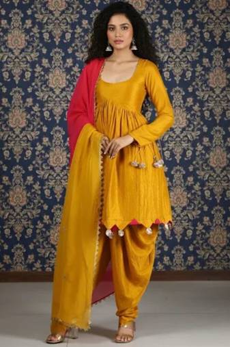 Mustard yellow dhoti set pink dupatta