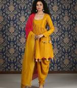 Mustard yellow dhoti set pink dupatta