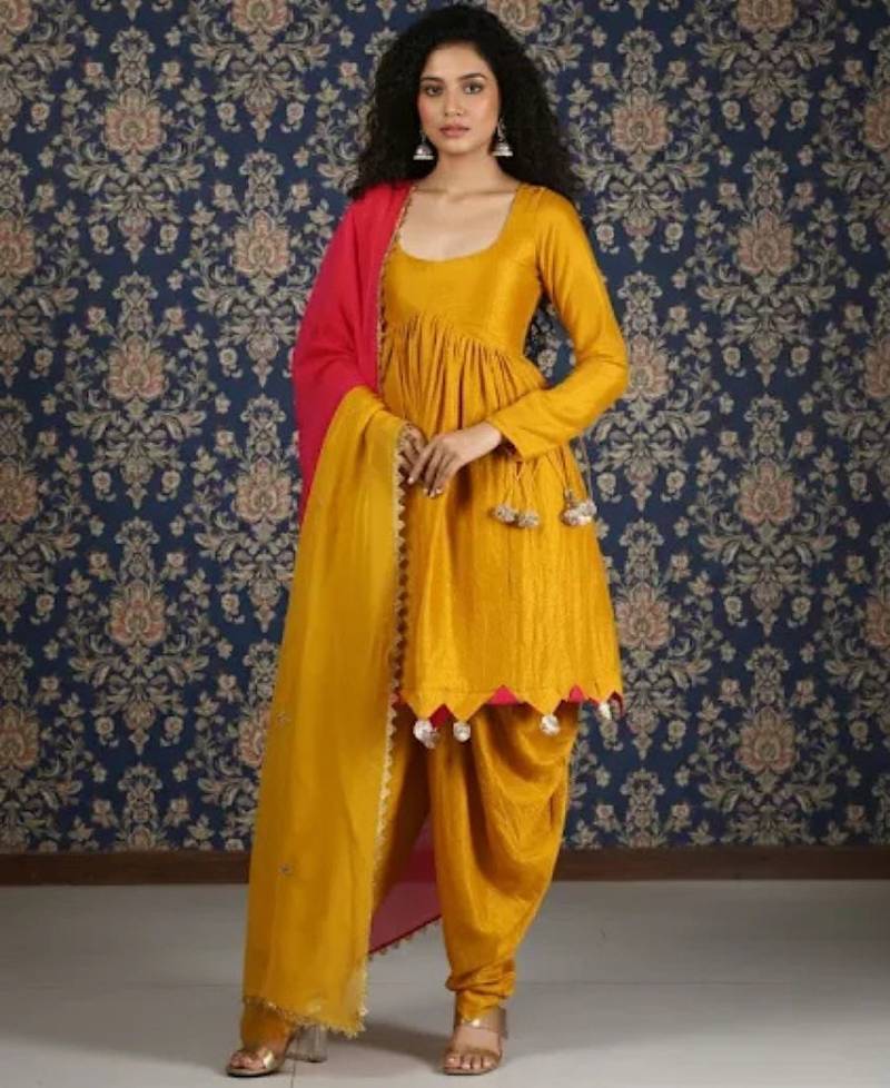 Mustard yellow dhoti set pink dupatta
