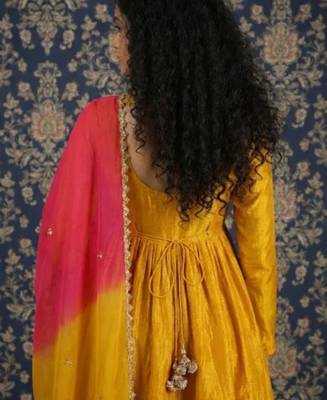 Mustard yellow dhoti set pink dupatta 3