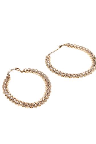 Astonish oval shape pearl brown kundan stone antique gold plated set of 2 anklet(payal) for women