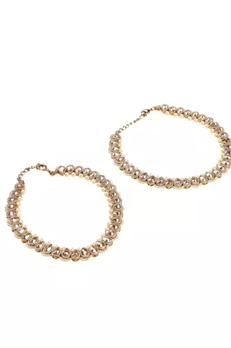 Astonish oval shape pearl brown kundan stone antique gold plated set of 2 anklet(payal) for women