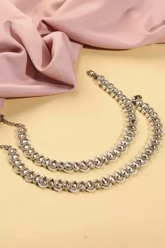 Astonish oval shape pearl brown kundan stone antique gold plated set of 2 anklet(payal) for women