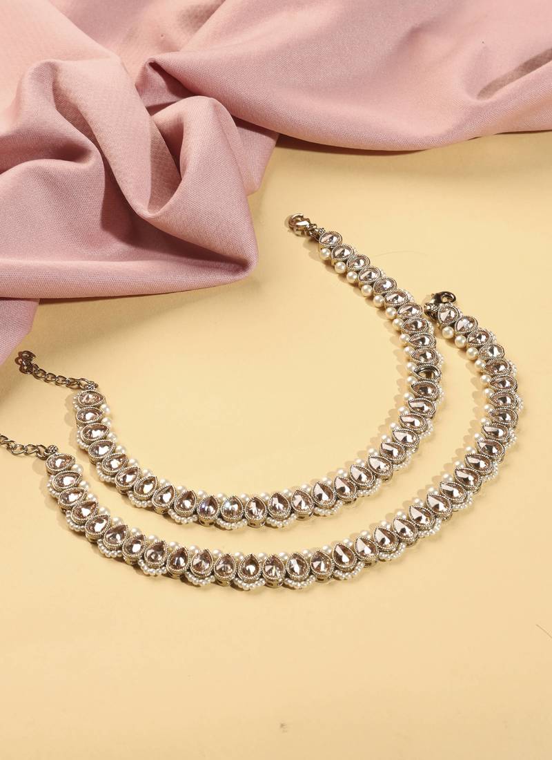 Astonish oval shape pearl brown kundan stone antique gold plated set of 2 anklet(payal) for women