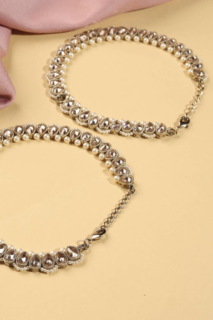 Astonish oval shape pearl brown kundan stone antique gold plated set of 2 anklet(payal) for women