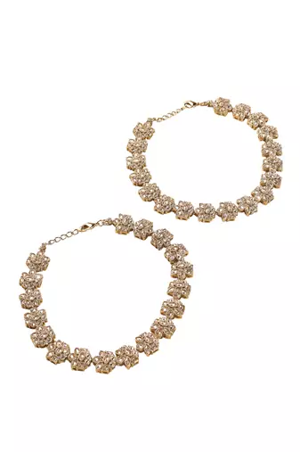 Dazzling flower design brown kundan stone antique gold plated set of 2 anklet(payal) for women