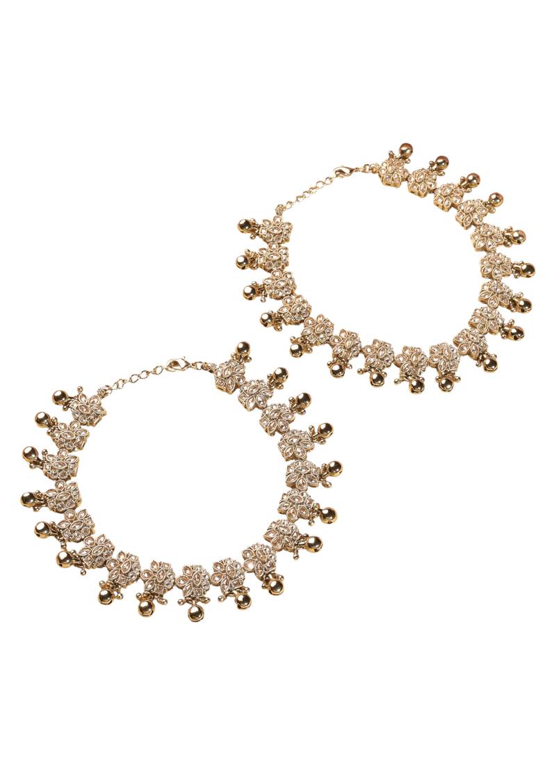 Flower design and golden ball brown kundan stone antique gold plated set of 2 anklet(payal)for women