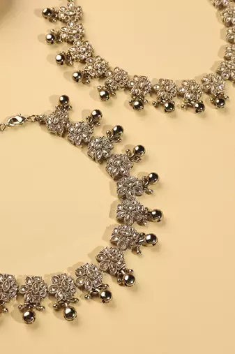 Flower design and golden ball brown kundan stone antique gold plated set of 2 anklet(payal)for women