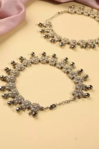 Flower design and golden ball brown kundan stone antique gold plated set of 2 anklet(payal)for women