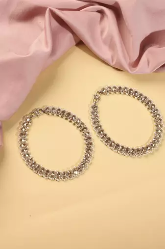 Elegant circle shape pearl brown kundan stone antique gold plated set of 2 anklet(payal) for women