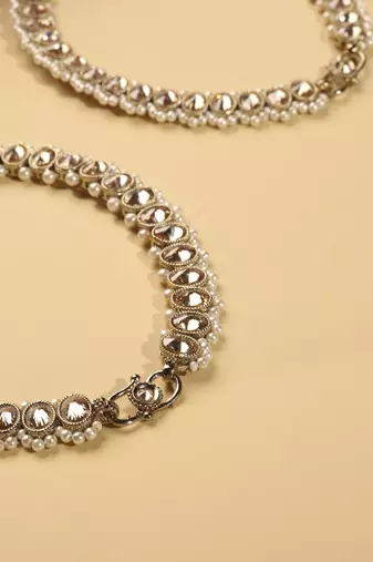 Elegant circle shape pearl brown kundan stone antique gold plated set of 2 anklet(payal) for women