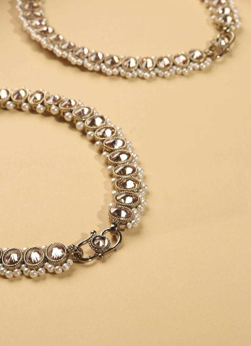 Elegant circle shape pearl brown kundan stone antique gold plated set of 2 anklet(payal) for women