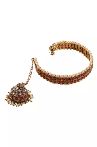 Circle shape & pearl chain jhumki ruby kundan stone antique gold plated openable bracelet for women