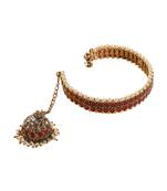 Circle shape & pearl chain jhumki ruby kundan stone antique gold plated openable bracelet for women