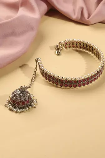 round shape pearl chain jhumki ruby kundan antique bracelet