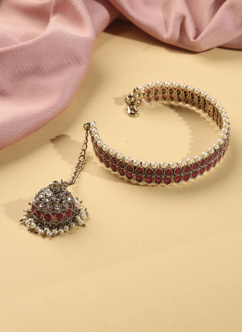 Circle shape & pearl chain jhumki ruby kundan stone antique gold plated openable bracelet for women