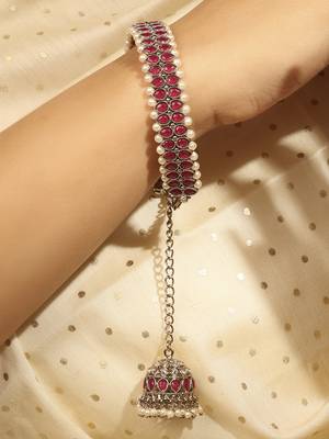round shape pearl chain jhumki ruby kundan antique bracelet 3