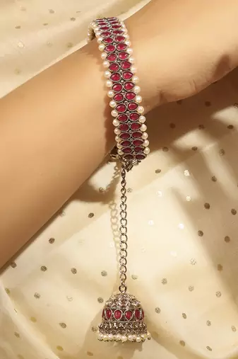 round shape pearl chain jhumki ruby kundan antique bracelet