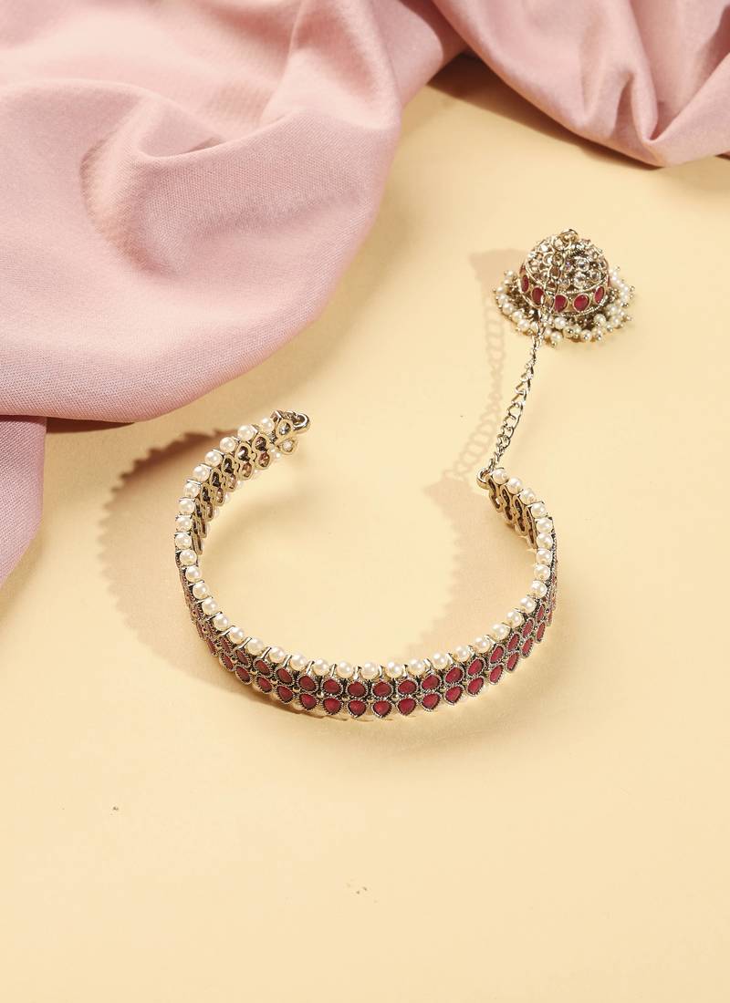 Circle shape & pearl chain jhumki ruby kundan stone antique gold plated openable bracelet for women