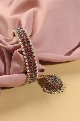round shape pearl chain jhumki ruby kundan antique bracelet