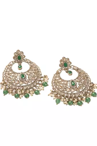 Stylish chandelier shape green kundan stone antique gold plated chandelier earring for women