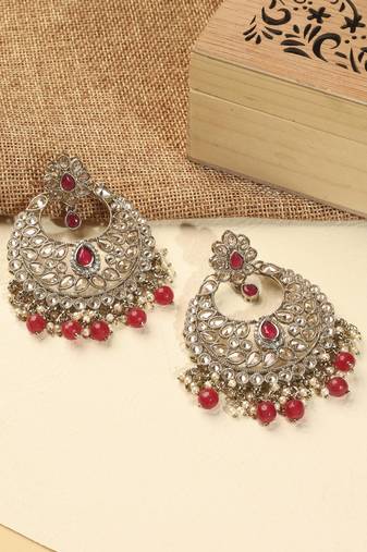 Superb chandelier shape red kundan stone antique gold plated chandelier earring for women