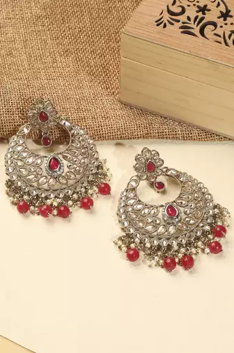 Superb chandelier shape red kundan stone antique gold plated chandelier earring for women