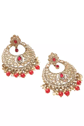 red kundan stone antique gold chandelier earrings for women