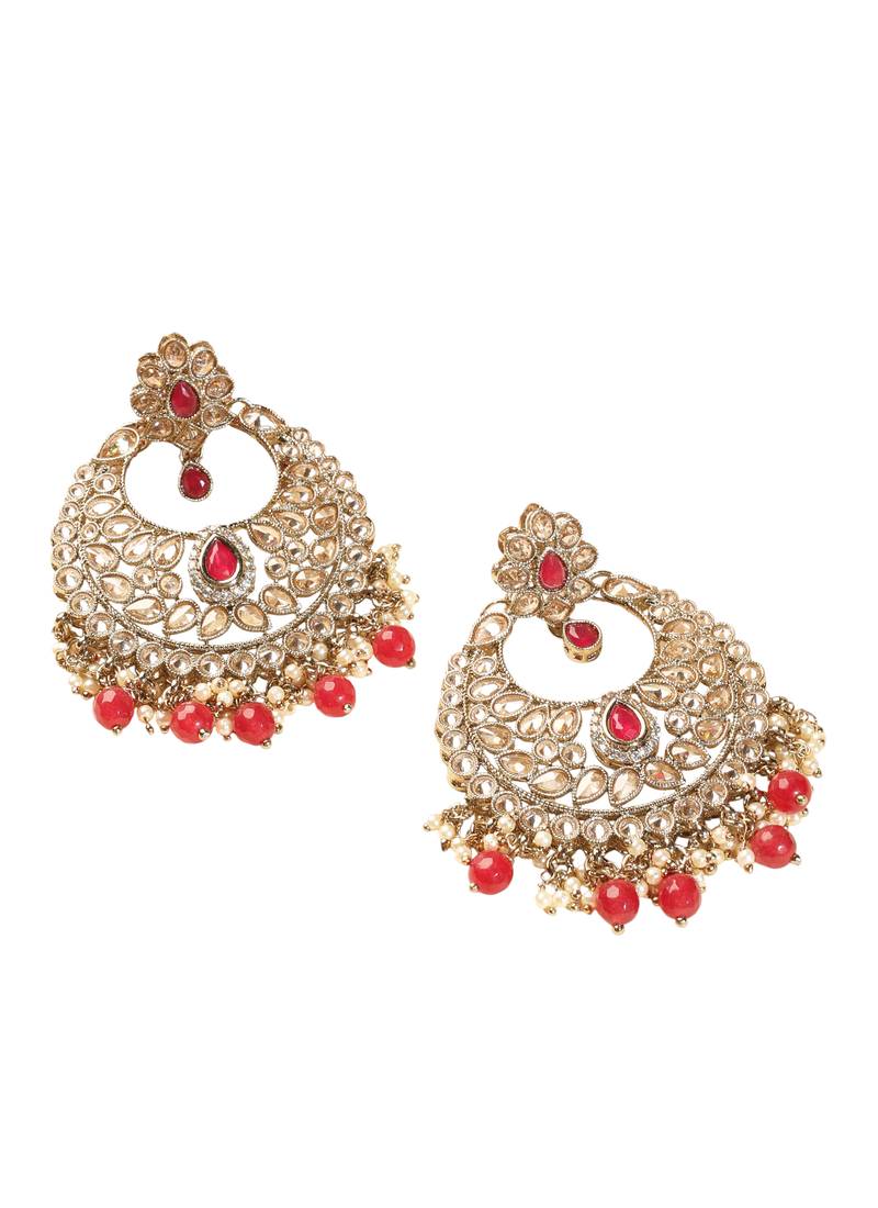 Superb chandelier shape red kundan stone antique gold plated chandelier earring for women
