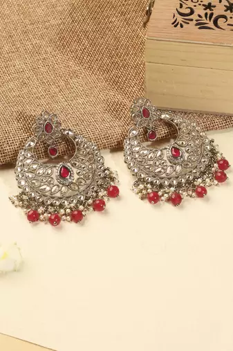 red kundan stone antique gold chandelier earrings for women