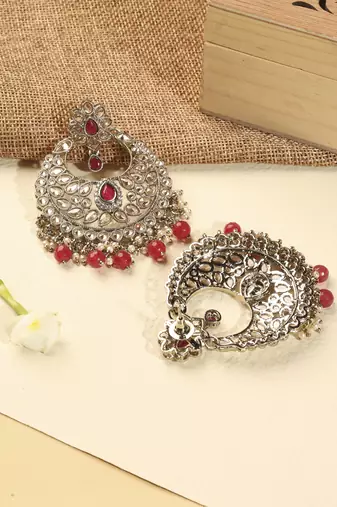red kundan stone antique gold chandelier earrings for women