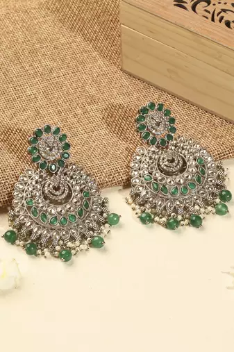Lavish chandelier & circle shape green kundan stone antique gold plated chandelier earring for women