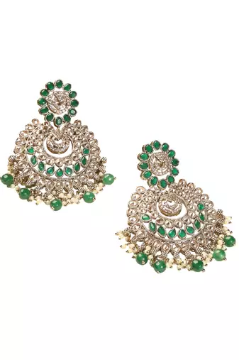 Lavish chandelier & circle shape green kundan stone antique gold plated chandelier earring for women