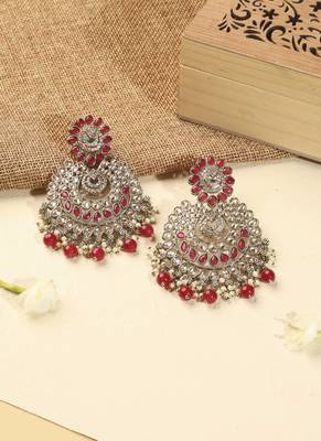 Lovely chandelier and circle shape red kundan stone antique gold plated chandelier earring for women 1