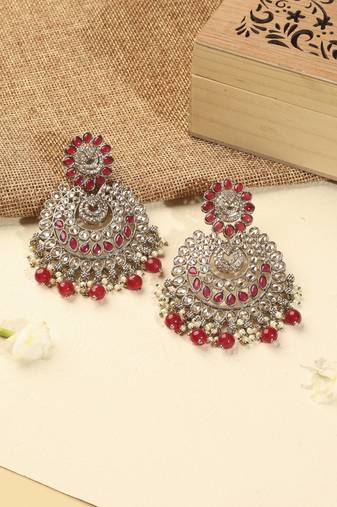 Lovely chandelier and circle shape red kundan stone antique gold plated chandelier earring for women
