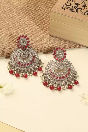 Lovely chandelier and circle shape red kundan stone antique gold plated chandelier earring for women
